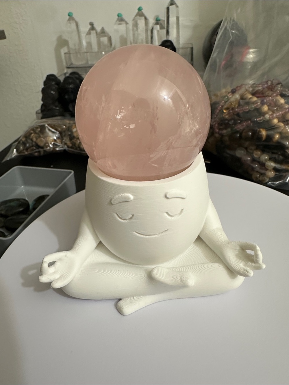 Serene Meditating Sculpture Crystal Ball Stand - White with rose quartz sphere